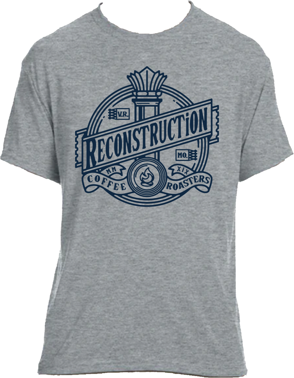 Uni-sex Gray Tee with Blue Reconstruction Coffee Roasters Logo